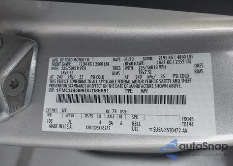 2013 Ford Escape Se z USA, uszkodzony, nr VIN 1FMCU9G99DUD86681